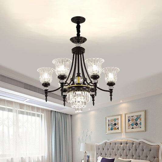 Modernism 6/8 Bulbs Chandelier Light Black Flower Suspension Lamp with Beveled Crystal Shade 6 Black Clearhalo 'Ceiling Lights' 'Chandeliers' 'Modern Chandeliers' 'Modern' Lighting' 1713384