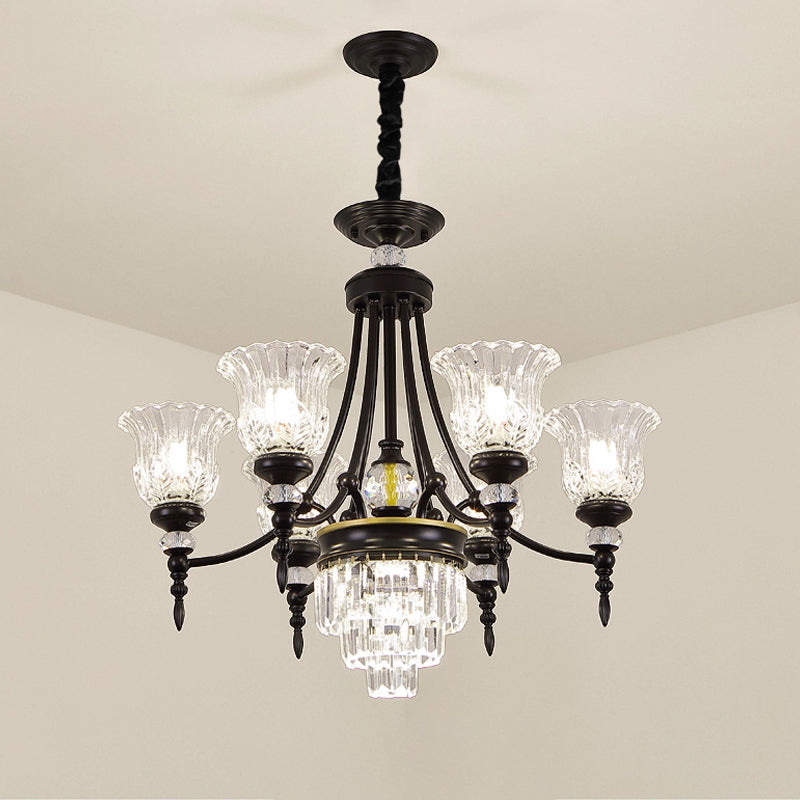 Modernism 6/8 Bulbs Chandelier Light Black Flower Suspension Lamp with Beveled Crystal Shade Clearhalo 'Ceiling Lights' 'Chandeliers' 'Modern Chandeliers' 'Modern' Lighting' 1713385