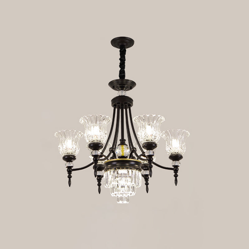 Modernism 6/8 Bulbs Chandelier Light Black Flower Suspension Lamp with Beveled Crystal Shade Clearhalo 'Ceiling Lights' 'Chandeliers' 'Modern Chandeliers' 'Modern' Lighting' 1713386