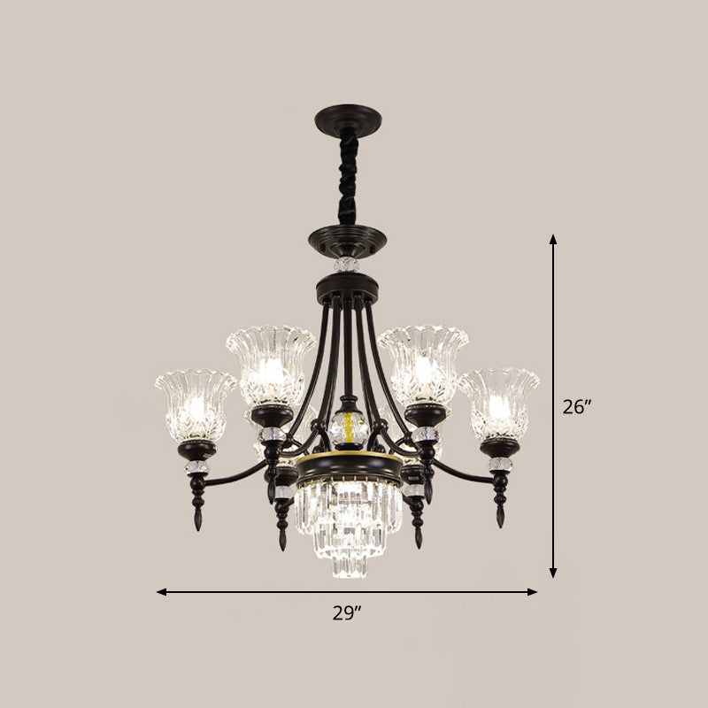 Modernism 6/8 Bulbs Chandelier Light Black Flower Suspension Lamp with Beveled Crystal Shade Clearhalo 'Ceiling Lights' 'Chandeliers' 'Modern Chandeliers' 'Modern' Lighting' 1713387