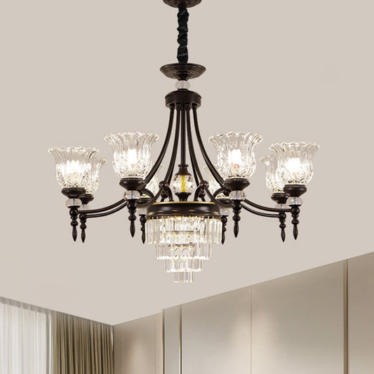 Modernism 6/8 Bulbs Chandelier Light Black Flower Suspension Lamp with Beveled Crystal Shade 8 Black Clearhalo 'Ceiling Lights' 'Chandeliers' 'Modern Chandeliers' 'Modern' Lighting' 1713388