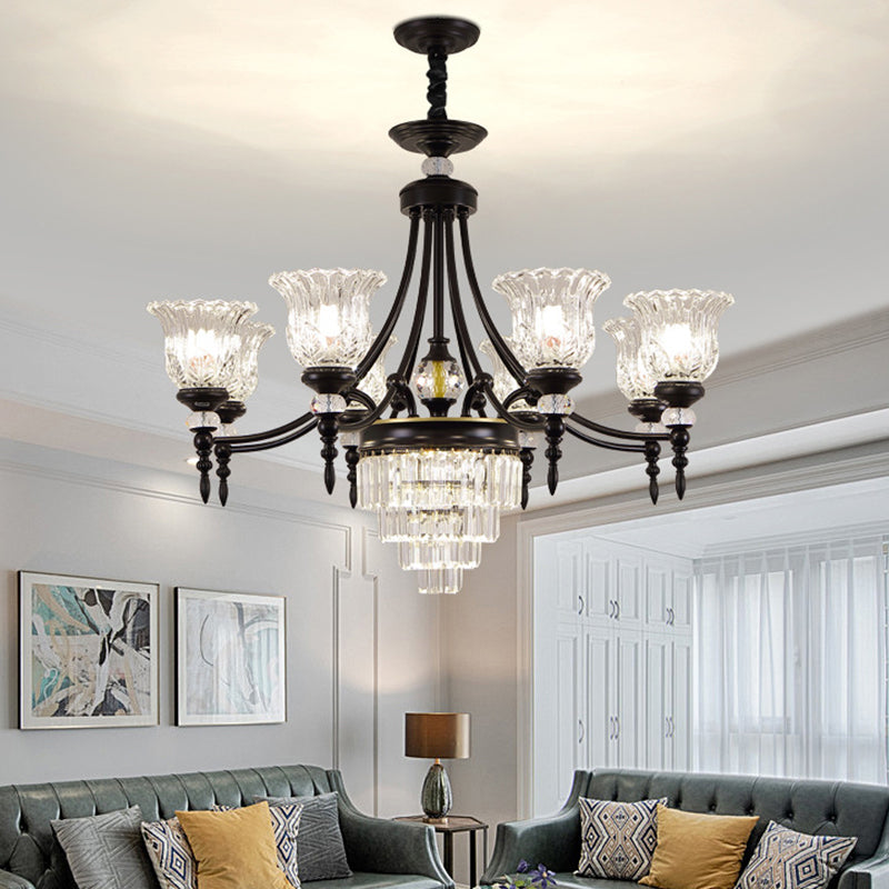 Modernism 6/8 Bulbs Chandelier Light Black Flower Suspension Lamp with Beveled Crystal Shade Clearhalo 'Ceiling Lights' 'Chandeliers' 'Modern Chandeliers' 'Modern' Lighting' 1713389