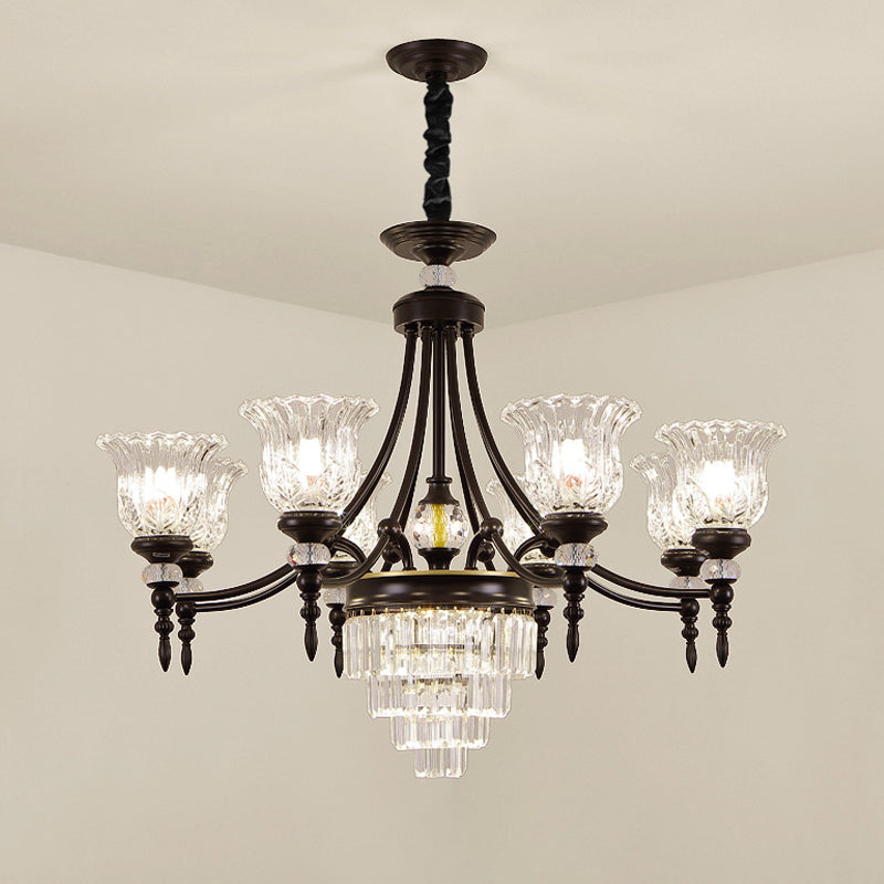 Modernism 6/8 Bulbs Chandelier Light Black Flower Suspension Lamp with Beveled Crystal Shade Clearhalo 'Ceiling Lights' 'Chandeliers' 'Modern Chandeliers' 'Modern' Lighting' 1713390