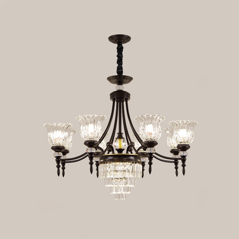 Modernism 6/8 Bulbs Chandelier Light Black Flower Suspension Lamp with Beveled Crystal Shade Clearhalo 'Ceiling Lights' 'Chandeliers' 'Modern Chandeliers' 'Modern' Lighting' 1713391