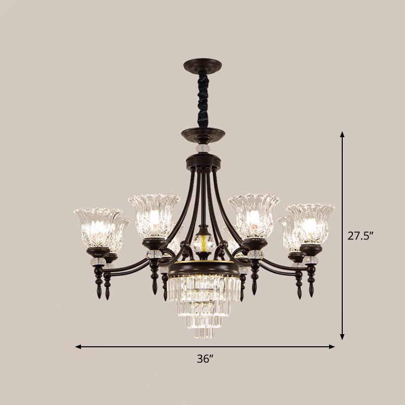 Modernism 6/8 Bulbs Chandelier Light Black Flower Suspension Lamp with Beveled Crystal Shade Clearhalo 'Ceiling Lights' 'Chandeliers' 'Modern Chandeliers' 'Modern' Lighting' 1713392