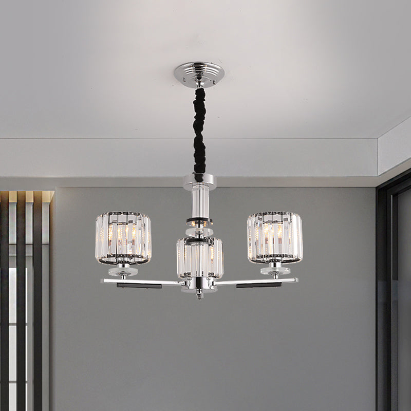 Drum Pendant Chandelier Simple Crystal Block 3/6-Head Black Ceiling Light with Radial Design 3 Black Clearhalo 'Ceiling Lights' 'Chandeliers' 'Modern Chandeliers' 'Modern' Lighting' 1713402