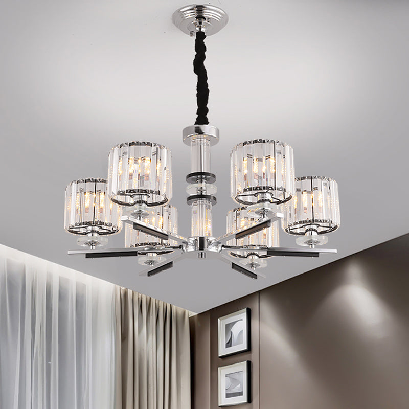 Drum Pendant Chandelier Simple Crystal Block 3/6-Head Black Ceiling Light with Radial Design 6 Black Clearhalo 'Ceiling Lights' 'Chandeliers' 'Modern Chandeliers' 'Modern' Lighting' 1713406