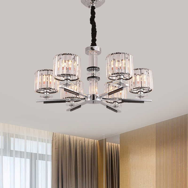 Drum Pendant Chandelier Simple Crystal Block 3/6-Head Black Ceiling Light with Radial Design Clearhalo 'Ceiling Lights' 'Chandeliers' 'Modern Chandeliers' 'Modern' Lighting' 1713407