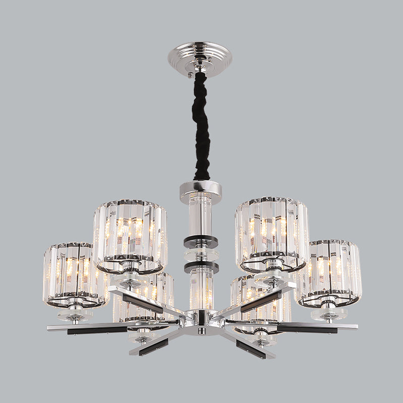 Drum Pendant Chandelier Simple Crystal Block 3/6-Head Black Ceiling Light with Radial Design Clearhalo 'Ceiling Lights' 'Chandeliers' 'Modern Chandeliers' 'Modern' Lighting' 1713408