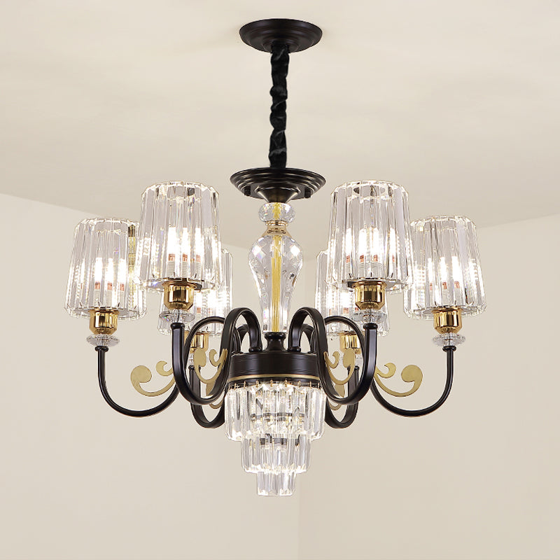 Black Tapered Ceiling Lamp Simplicity 6/8 Lights Prismatic Crystal Chandelier Lighting Fixture with Scroll Arm Clearhalo 'Ceiling Lights' 'Chandeliers' 'Modern Chandeliers' 'Modern' Lighting' 1713430