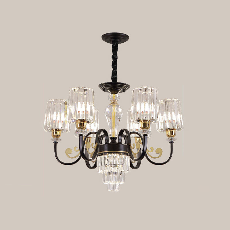 Black Tapered Ceiling Lamp Simplicity 6/8 Lights Prismatic Crystal Chandelier Lighting Fixture with Scroll Arm Clearhalo 'Ceiling Lights' 'Chandeliers' 'Modern Chandeliers' 'Modern' Lighting' 1713431