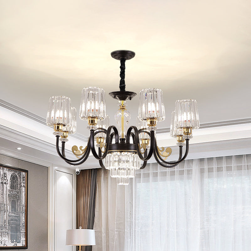 Black Tapered Ceiling Lamp Simplicity 6/8 Lights Prismatic Crystal Chandelier Lighting Fixture with Scroll Arm 8 Black Clearhalo 'Ceiling Lights' 'Chandeliers' 'Modern Chandeliers' 'Modern' Lighting' 1713433