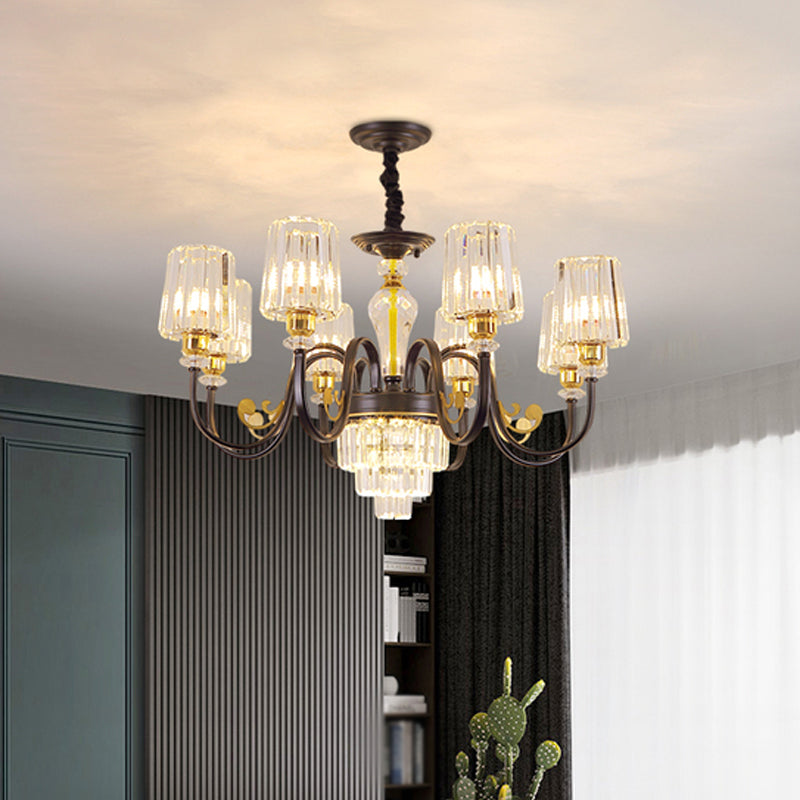 Black Tapered Ceiling Lamp Simplicity 6/8 Lights Prismatic Crystal Chandelier Lighting Fixture with Scroll Arm Clearhalo 'Ceiling Lights' 'Chandeliers' 'Modern Chandeliers' 'Modern' Lighting' 1713434
