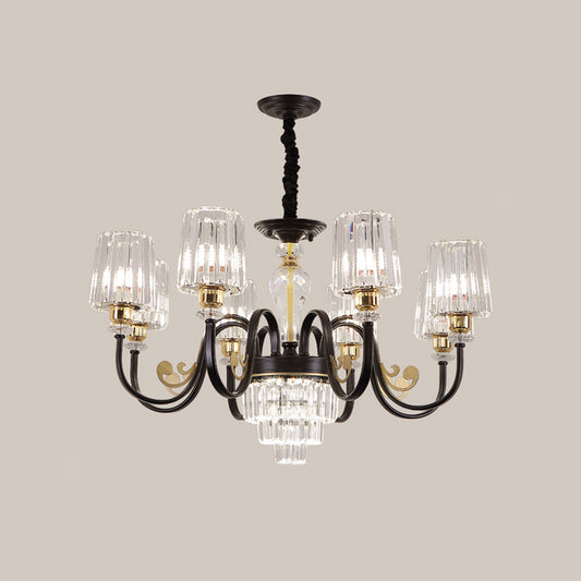 Black Tapered Ceiling Lamp Simplicity 6/8 Lights Prismatic Crystal Chandelier Lighting Fixture with Scroll Arm Clearhalo 'Ceiling Lights' 'Chandeliers' 'Modern Chandeliers' 'Modern' Lighting' 1713436