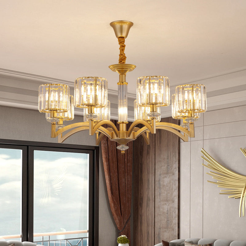 Drum Clear Crystal Ceiling Chandelier Modern 3/8 Heads Gold Suspended Lighting Fixture for Parlor Clearhalo 'Ceiling Lights' 'Chandeliers' 'Modern Chandeliers' 'Modern' Lighting' 1713443