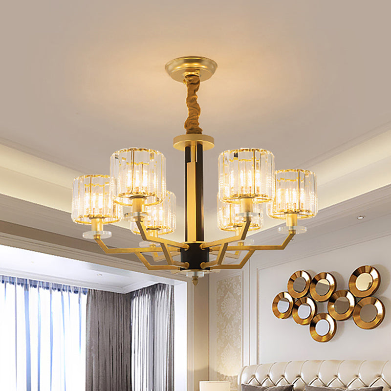 Cylindrical Bedroom Pendant Lighting Hand-Cut Crystal 3/6 Lights Modernism Chandelier in Gold 6 Gold Clearhalo 'Ceiling Lights' 'Chandeliers' 'Modern Chandeliers' 'Modern' Lighting' 1713451