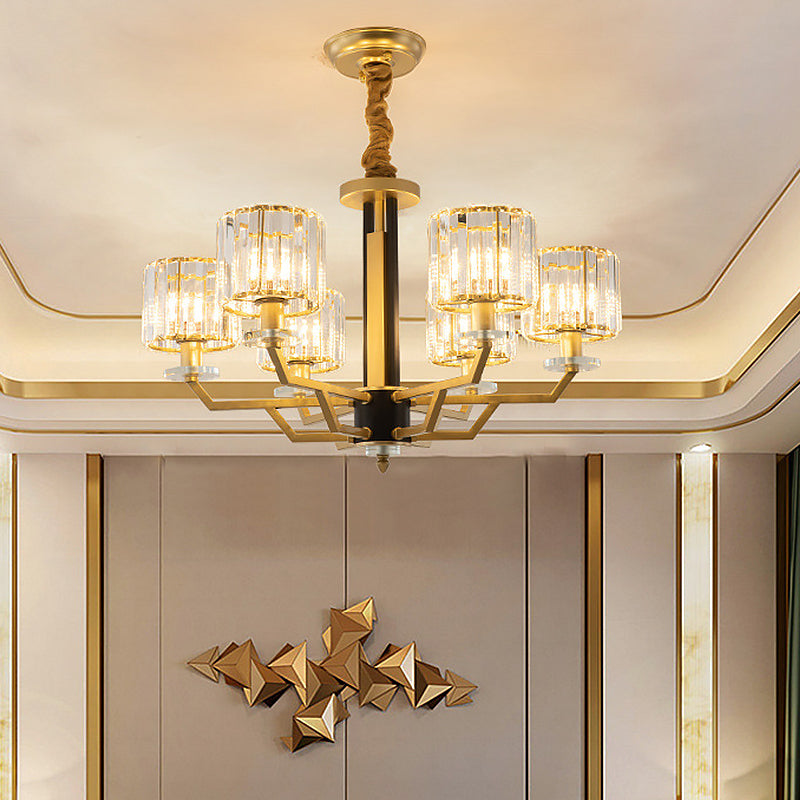 Cylindrical Bedroom Pendant Lighting Hand-Cut Crystal 3/6 Lights Modernism Chandelier in Gold Clearhalo 'Ceiling Lights' 'Chandeliers' 'Modern Chandeliers' 'Modern' Lighting' 1713452