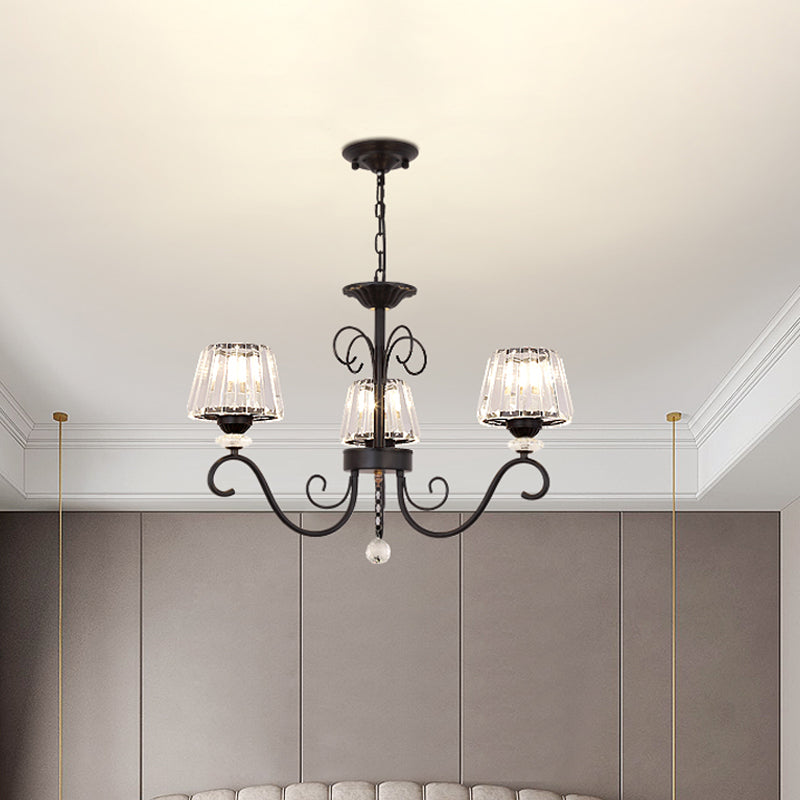 Conic Chandelier Light Fixture Vintage Crystal Prisms 3/6/8 Heads Black Suspension Lighting with Scroll Arm 3 Black Clearhalo 'Ceiling Lights' 'Chandeliers' 'Modern Chandeliers' 'Modern' Lighting' 1713540
