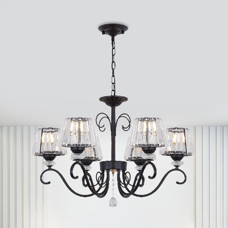 Conic Chandelier Light Fixture Vintage Crystal Prisms 3/6/8 Heads Black Suspension Lighting with Scroll Arm 6 Black Clearhalo 'Ceiling Lights' 'Chandeliers' 'Modern Chandeliers' 'Modern' Lighting' 1713544