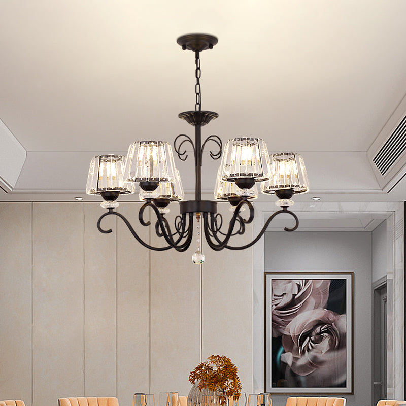 Conic Chandelier Light Fixture Vintage Crystal Prisms 3/6/8 Heads Black Suspension Lighting with Scroll Arm Clearhalo 'Ceiling Lights' 'Chandeliers' 'Modern Chandeliers' 'Modern' Lighting' 1713545