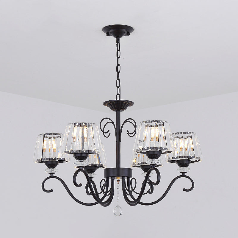 Conic Chandelier Light Fixture Vintage Crystal Prisms 3/6/8 Heads Black Suspension Lighting with Scroll Arm Clearhalo 'Ceiling Lights' 'Chandeliers' 'Modern Chandeliers' 'Modern' Lighting' 1713546