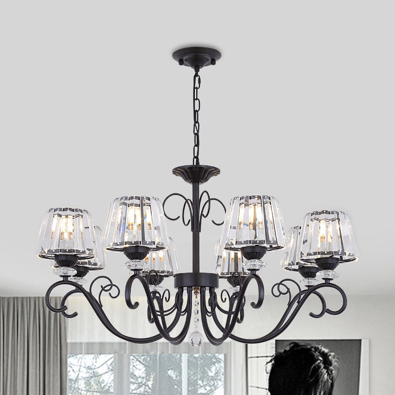 Conic Chandelier Light Fixture Vintage Crystal Prisms 3/6/8 Heads Black Suspension Lighting with Scroll Arm 8 Black Clearhalo 'Ceiling Lights' 'Chandeliers' 'Modern Chandeliers' 'Modern' Lighting' 1713549