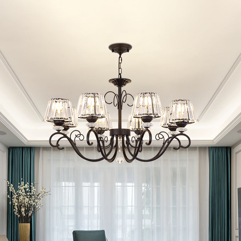Conic Chandelier Light Fixture Vintage Crystal Prisms 3/6/8 Heads Black Suspension Lighting with Scroll Arm Clearhalo 'Ceiling Lights' 'Chandeliers' 'Modern Chandeliers' 'Modern' Lighting' 1713550