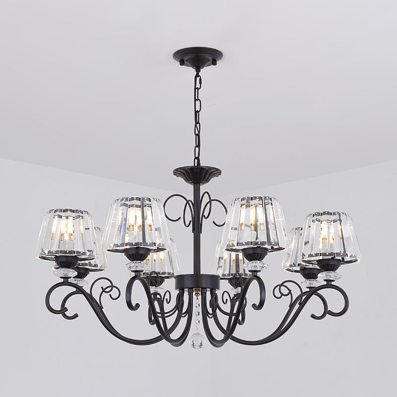 Conic Chandelier Light Fixture Vintage Crystal Prisms 3/6/8 Heads Black Suspension Lighting with Scroll Arm Clearhalo 'Ceiling Lights' 'Chandeliers' 'Modern Chandeliers' 'Modern' Lighting' 1713551