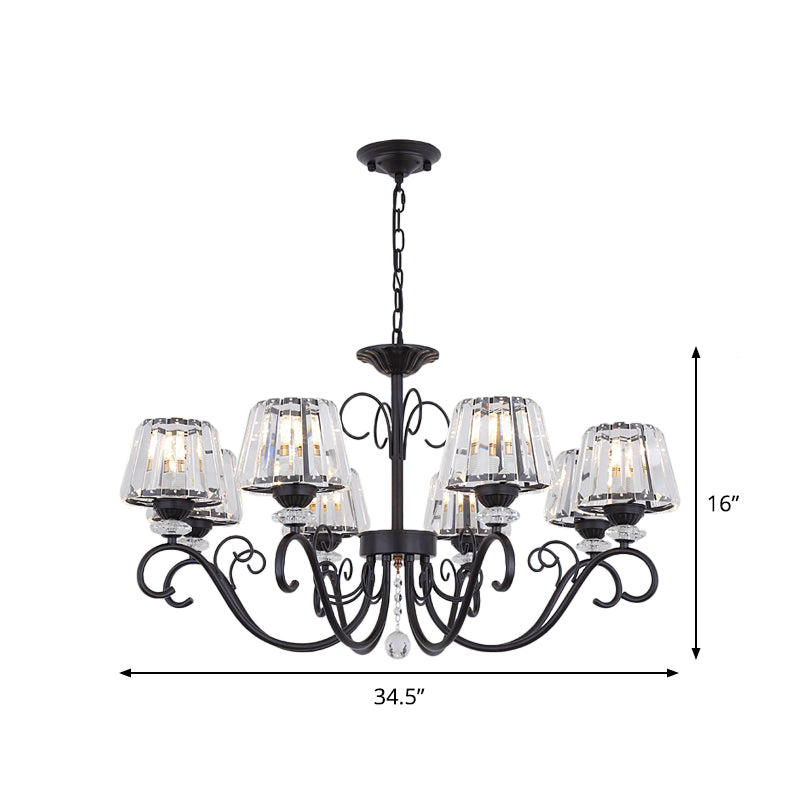 Conic Chandelier Light Fixture Vintage Crystal Prisms 3/6/8 Heads Black Suspension Lighting with Scroll Arm Clearhalo 'Ceiling Lights' 'Chandeliers' 'Modern Chandeliers' 'Modern' Lighting' 1713553