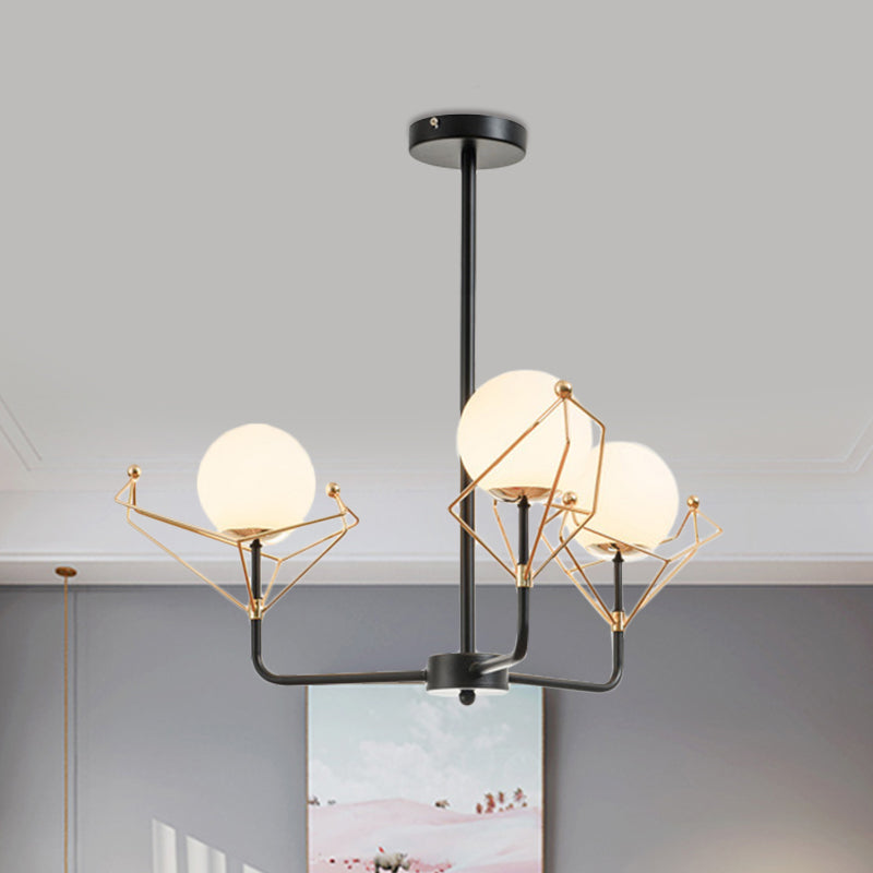Global Hanging Lamp Contemporary White Glass 2/3/4 Heads Black Chandelier Light Fixture in Warm/White Light 3 White Clearhalo 'Ceiling Lights' 'Chandeliers' 'Modern Chandeliers' 'Modern' Lighting' 1713626