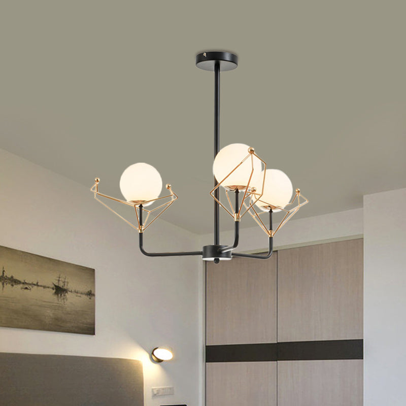 Global Hanging Lamp Contemporary White Glass 2/3/4 Heads Black Chandelier Light Fixture in Warm/White Light Clearhalo 'Ceiling Lights' 'Chandeliers' 'Modern Chandeliers' 'Modern' Lighting' 1713627