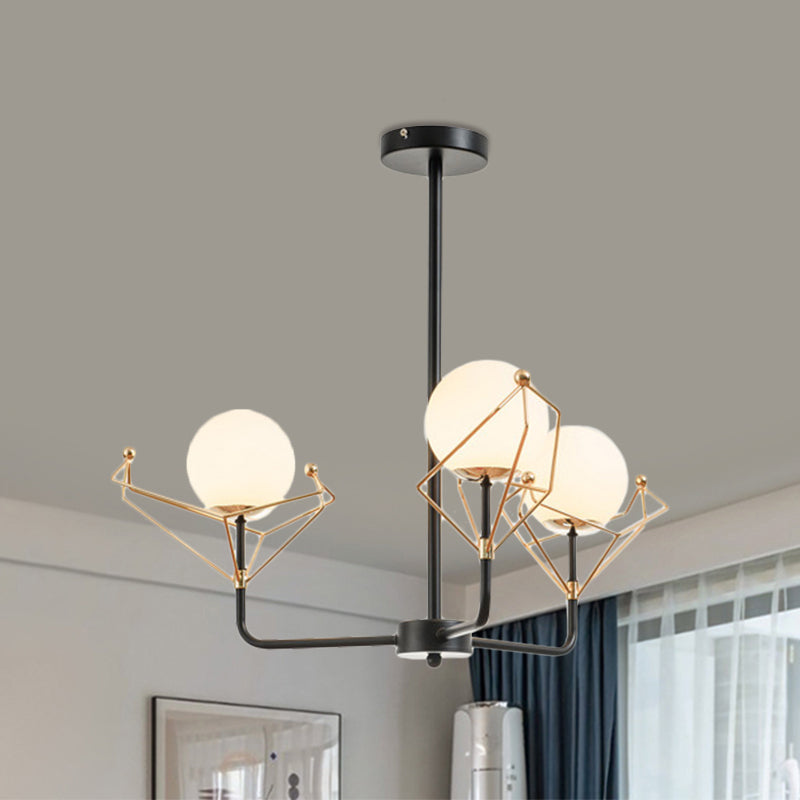 Global Hanging Lamp Contemporary White Glass 2/3/4 Heads Black Chandelier Light Fixture in Warm/White Light Clearhalo 'Ceiling Lights' 'Chandeliers' 'Modern Chandeliers' 'Modern' Lighting' 1713628