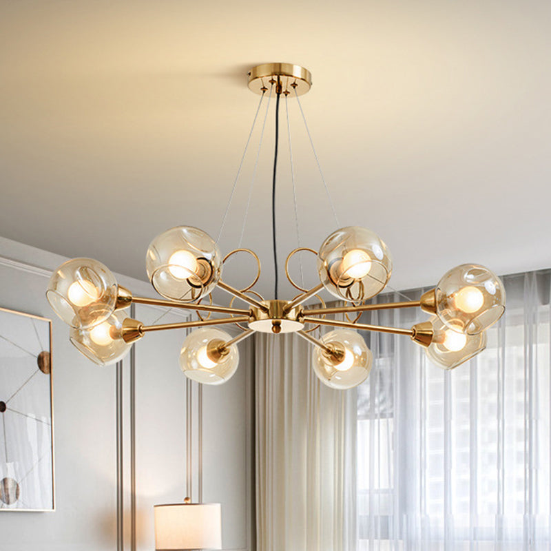 Globe Clear Glass Chandelier Light Fixture Vintage 3/6/8 Bulbs Gold Hanging Lighting, Warm/White Light 8 Gold Clearhalo 'Ceiling Lights' 'Chandeliers' 'Modern Chandeliers' 'Modern' Lighting' 1713645