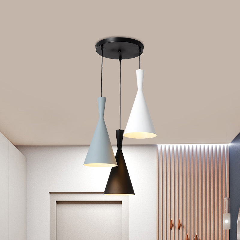 Flared Metallic Pendant Light Contemporary 3-Head Black Hanging Lamp Kit with Round/Rectangle Canopy Black Round Clearhalo 'Ceiling Lights' 'Modern Pendants' 'Modern' 'Pendant Lights' 'Pendants' Lighting' 1713729