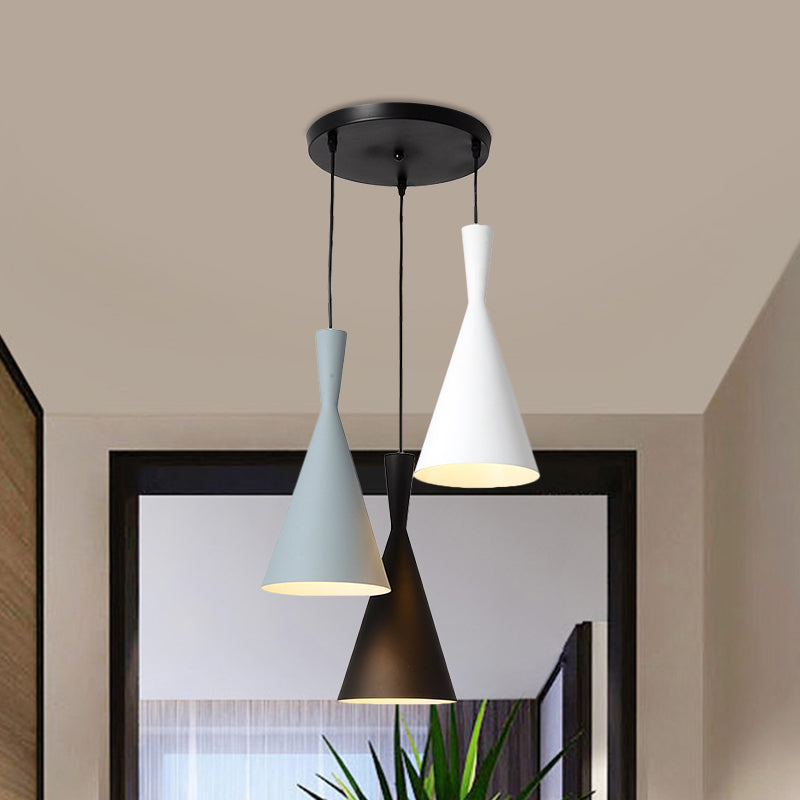 Flared Metallic Pendant Light Contemporary 3-Head Black Hanging Lamp Kit with Round/Rectangle Canopy Clearhalo 'Ceiling Lights' 'Modern Pendants' 'Modern' 'Pendant Lights' 'Pendants' Lighting' 1713730