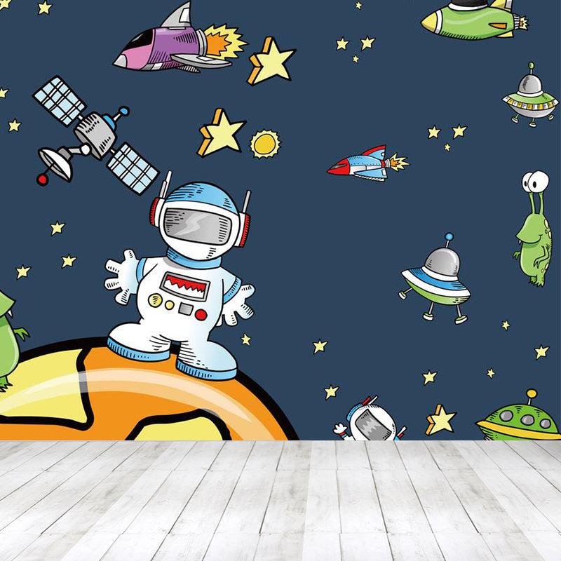 Cartoon Outer Space Wallpaper Mural Dark Blue Astronaut and Aeroboat Print Wall Covering Clearhalo 'Wall Decor' 'Wall Mural' 1713825