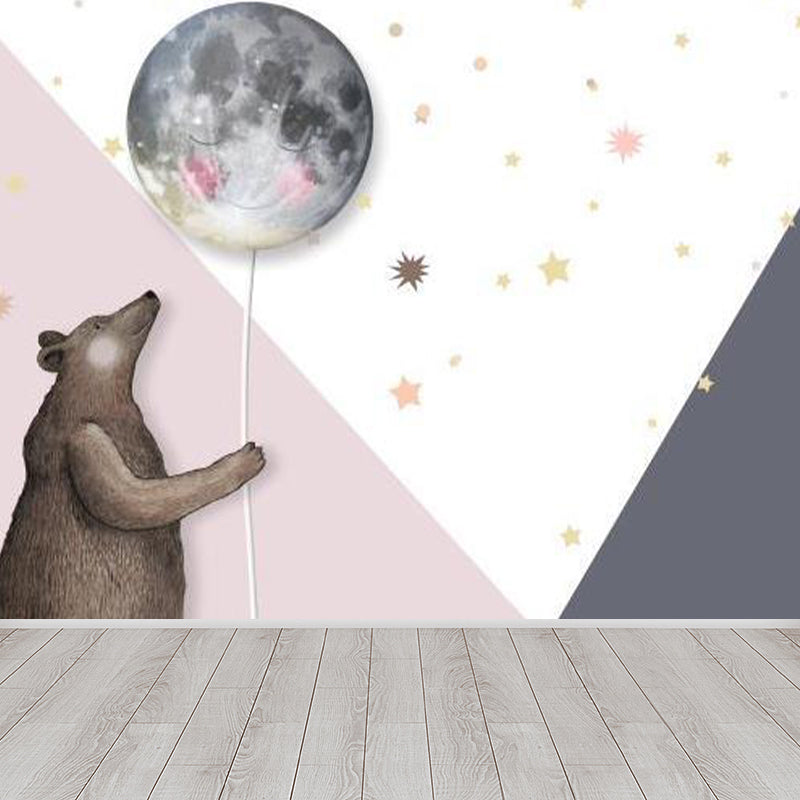 Bear with Moon Balloon Mural Decal Cartoon Non-Woven Cloth Wall Art in Pink for Nursery Clearhalo 'Wall Decor' 'Wall Mural' 1713931