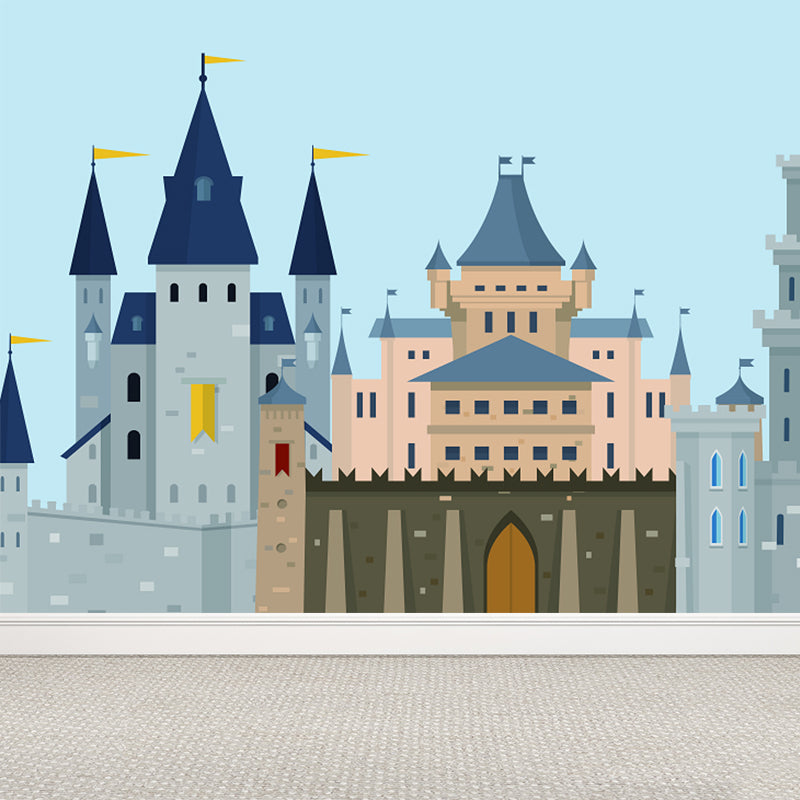 Blue Castle Mural Wallpaper Building Cartoon Waterproofing Wall Art for Kids Room Clearhalo 'Wall Decor' 'Wall Mural' 1713965