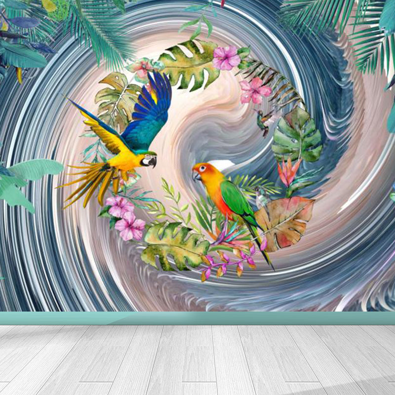 Tropical Style Teenagers Mural Decal Lush Botanical and Birds Blue Wall Covering Blue Clearhalo 'Wall Decor' 'Wall Mural' 1714179