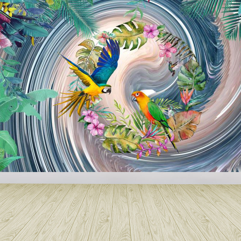 Tropical Style Teenagers Mural Decal Lush Botanical and Birds Blue Wall Covering Clearhalo 'Wall Decor' 'Wall Mural' 1714180