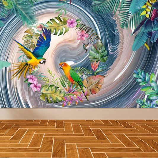 Tropical Style Teenagers Mural Decal Lush Botanical and Birds Blue Wall Covering Clearhalo 'Wall Decor' 'Wall Mural' 1714181