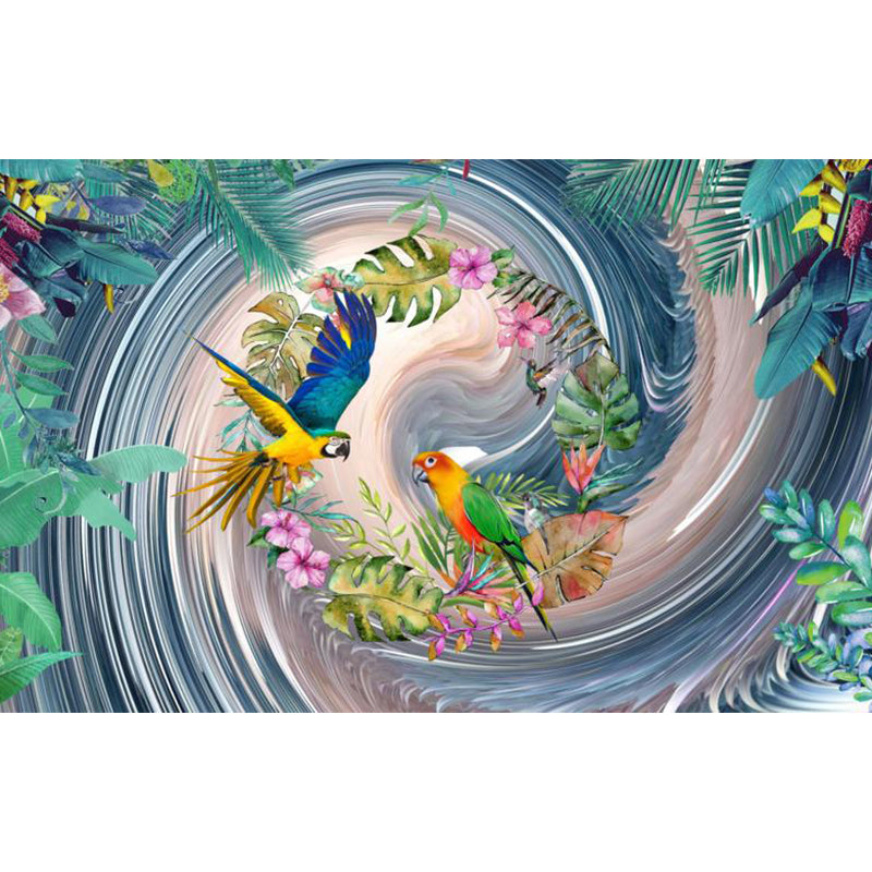 Tropical Style Teenagers Mural Decal Lush Botanical and Birds Blue Wall Covering Clearhalo 'Wall Decor' 'Wall Mural' 1714182