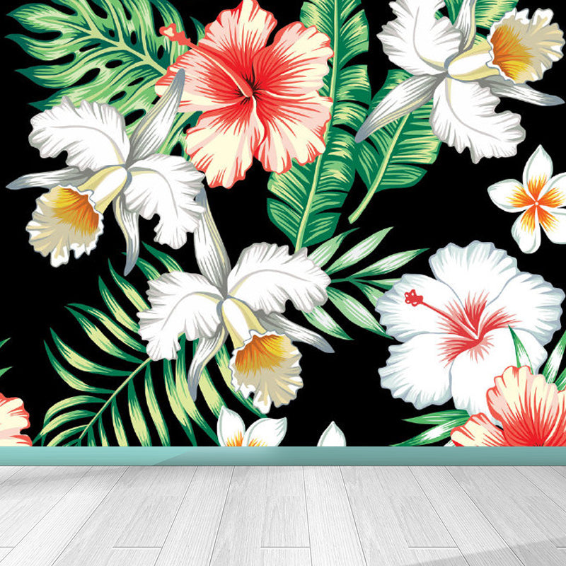 Tropical Flower Print Wall Mural Non-Woven Waterproof Soft Color Wall Art for Bathroom Black Clearhalo 'Wall Decor' 'Wall Mural' 1714524