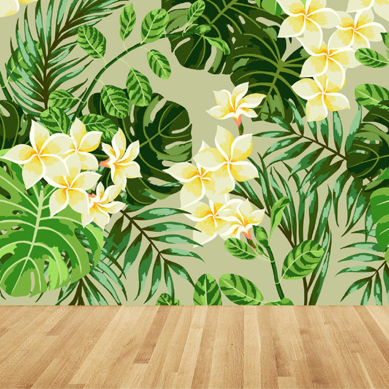 Tropical Flower Print Wall Mural Non-Woven Waterproof Soft Color Wall Art for Bathroom Yellow Clearhalo 'Wall Decor' 'Wall Mural' 1714534