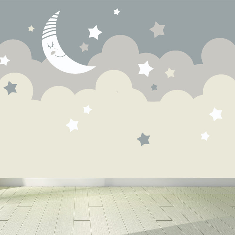 Beige Cartoon Wallpaper Mural Large Crescent and Starry Sky Wall Covering for Room Beige Clearhalo 'Wall Decor' 'Wall Mural' 1714544