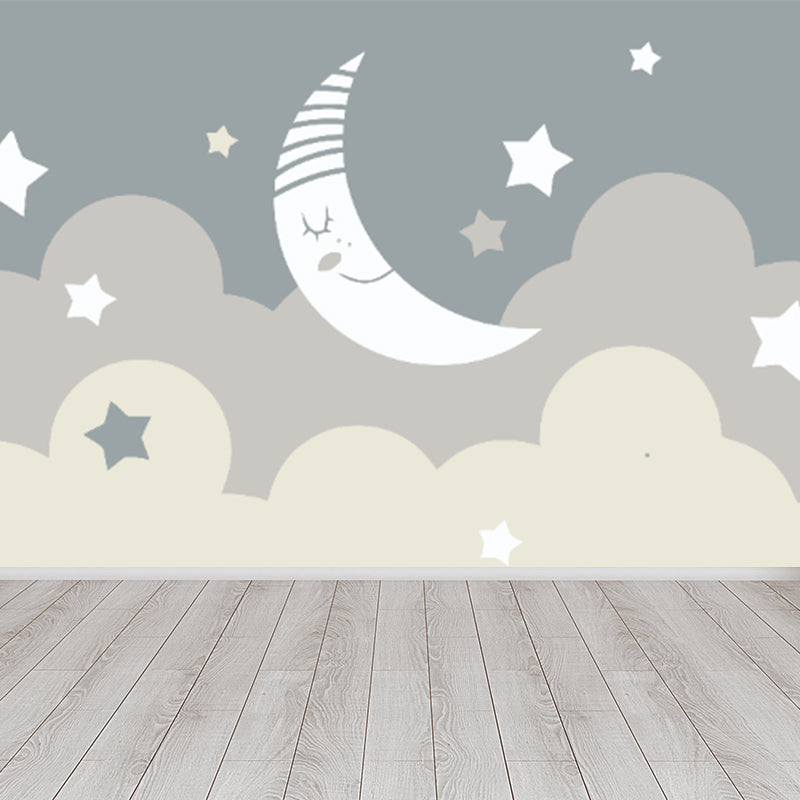 Beige Cartoon Wallpaper Mural Large Crescent and Starry Sky Wall Covering for Room Clearhalo 'Wall Decor' 'Wall Mural' 1714546