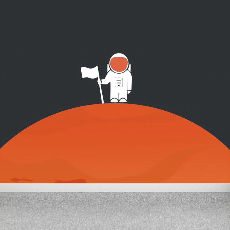 Astronaut Planet Landing Wall Mural Black and Orange Kids Style Wall Art for Bedroom Black Clearhalo 'Wall Decor' 'Wall Mural' 1714549