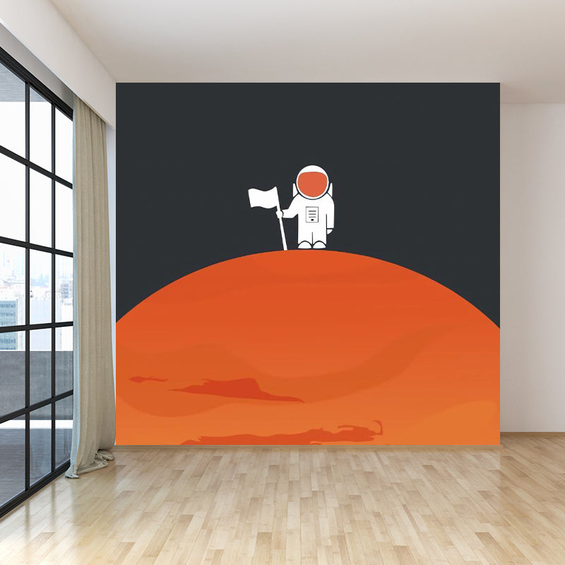 Astronaut Planet Landing Wall Mural Black and Orange Kids Style Wall Art for Bedroom Clearhalo 'Wall Decor' 'Wall Mural' 1714551