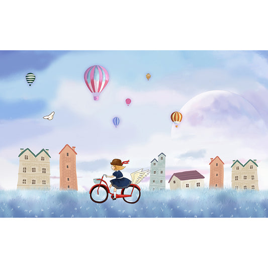 Waterproof Girls Bike Ride Mural Decal Kids Style Non-Woven Fabric Wall Decor, Customized Clearhalo 'Wall Decor' 'Wall Mural' 1714612