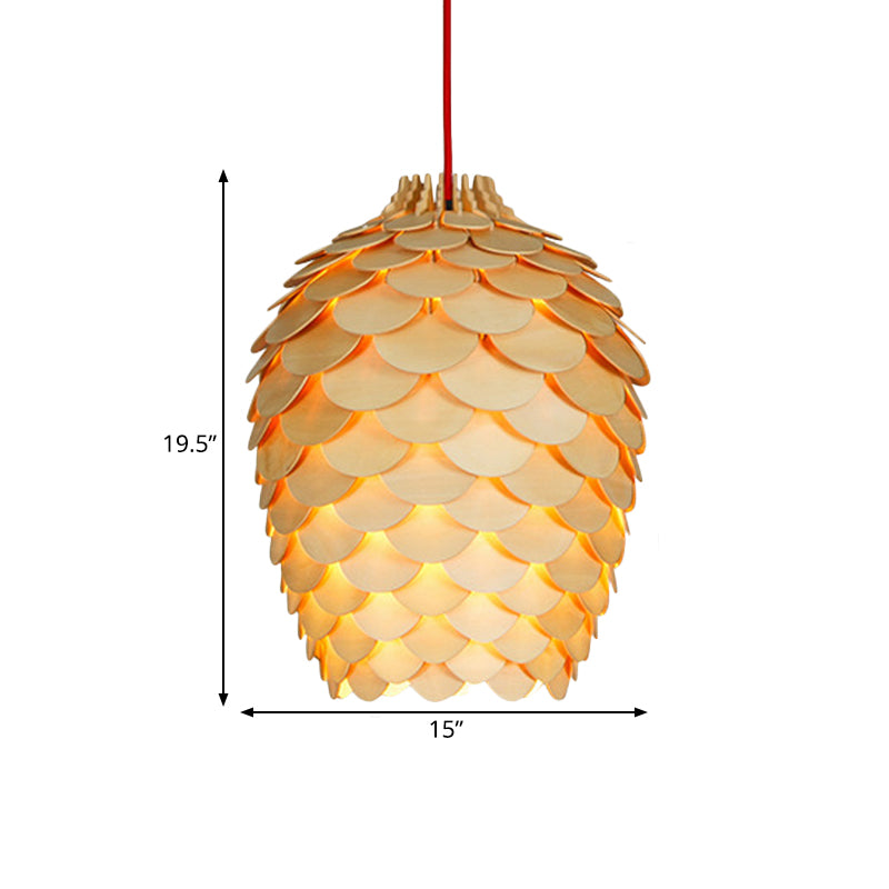 Wooden Pine Cone Hanging Light Fixture Countryside 12"/15" W 1 Light Beige Suspension Light for Dining Room Clearhalo 'Ceiling Lights' 'Modern Pendants' 'Modern' 'Pendant Lights' 'Pendants' Lighting' 171497